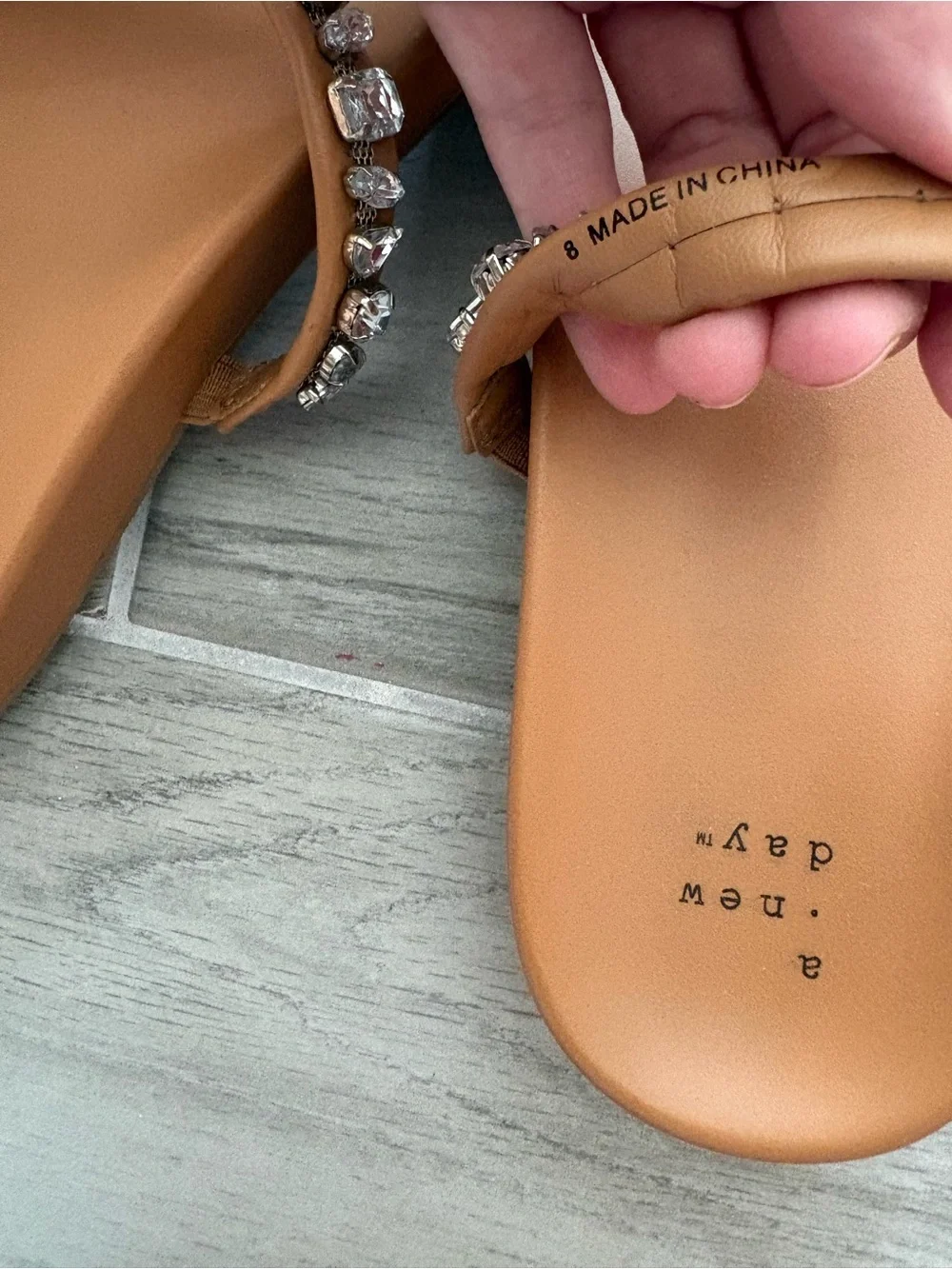 A New Day Jacky Embellished Sandals in tan with rhinestone accents